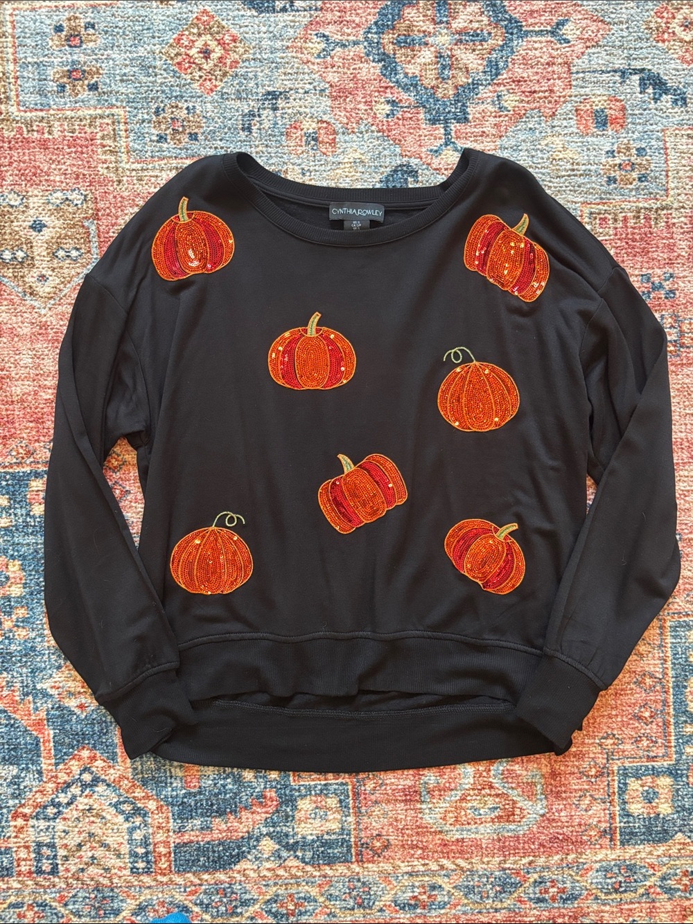 Cynthia Rowley Black Crewneck Sweater with Orange Pumpkin Appliqués